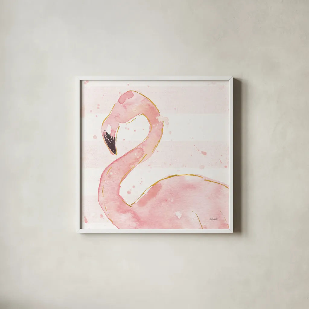 Flamingo Fever III Light No Words by Anne Tavoletti. Shown in a crisp white glass frame for a clean and minimalist style. Available as an archival giclee rolled canvas, fine art paper, or poster print. SKU 63193a.