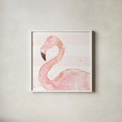 Flamingo Fever III Light No Words by Anne Tavoletti. Shown in a crisp white glass frame for a clean and minimalist style. Available as an archival giclee rolled canvas, fine art paper, or poster print. SKU 63193a.