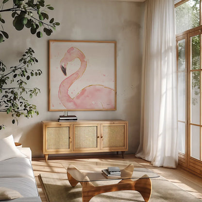 Flamingo Fever III Light No Words by Anne Tavoletti. Shown in a natural wood frame in a cozy modern living room. Available as an archival giclee rolled canvas, fine art paper, or poster print. SKU 63193a.