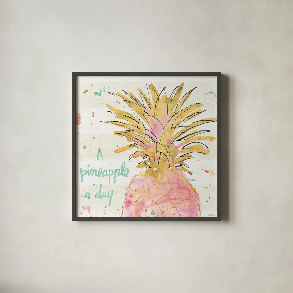 Flamingo Fever V by Anne Tavoletti. Shown in a sleek black glass frame for a contemporary gallery look. Available as an archival giclee rolled canvas, fine art paper, or poster print. SKU 21110a.