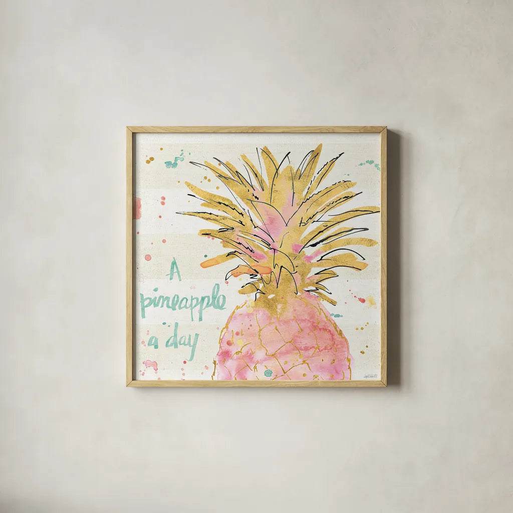 Flamingo Fever V by Anne Tavoletti. Shown in a natural wood glass frame for a timeless modern aesthetic. Available as an archival giclee rolled canvas, fine art paper, or poster print. SKU 21110a.