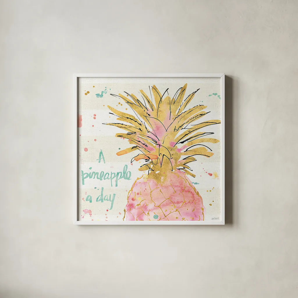 Flamingo Fever V by Anne Tavoletti. Shown in a crisp white glass frame for a clean and minimalist style. Available as an archival giclee rolled canvas, fine art paper, or poster print. SKU 21110a.