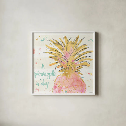 Flamingo Fever V by Anne Tavoletti. Shown in a crisp white glass frame for a clean and minimalist style. Available as an archival giclee rolled canvas, fine art paper, or poster print. SKU 21110a.