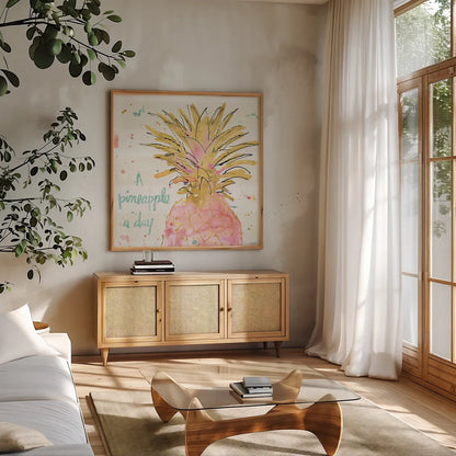 Flamingo Fever V by Anne Tavoletti. Shown in a natural wood frame in a cozy modern living room. Available as an archival giclee rolled canvas, fine art paper, or poster print. SKU 21110a.