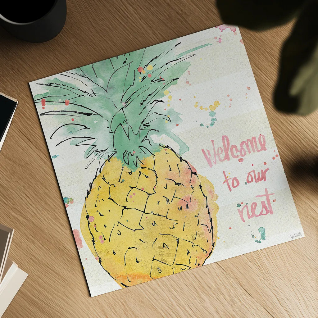 Flamingo Fever VI by Anne Tavoletti. Shown as a detailed flat fine art print, highlighting archival giclee quality. Available as an archival giclee rolled canvas, fine art paper, or poster print. SKU 21111a.