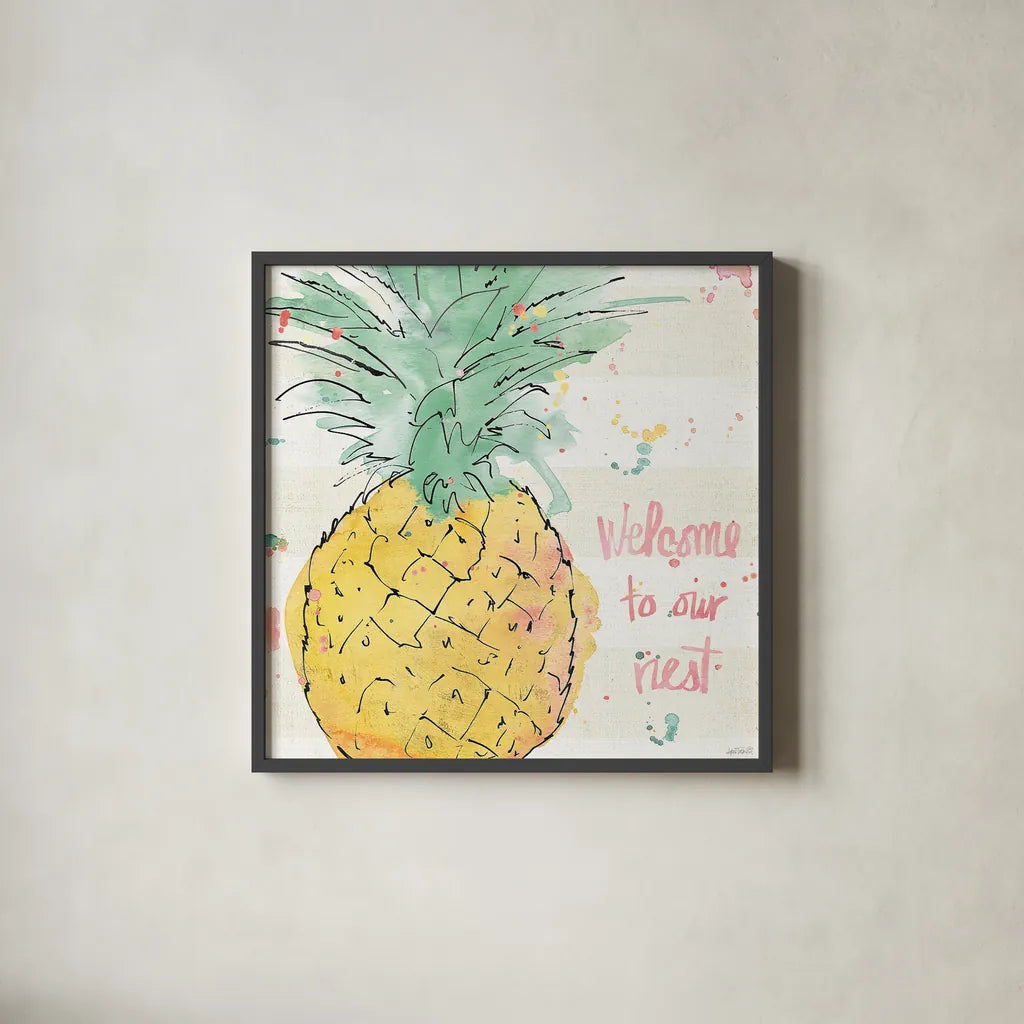 Flamingo Fever VI by Anne Tavoletti. Shown in a sleek black glass frame for a contemporary gallery look. Available as an archival giclee rolled canvas, fine art paper, or poster print. SKU 21111a.