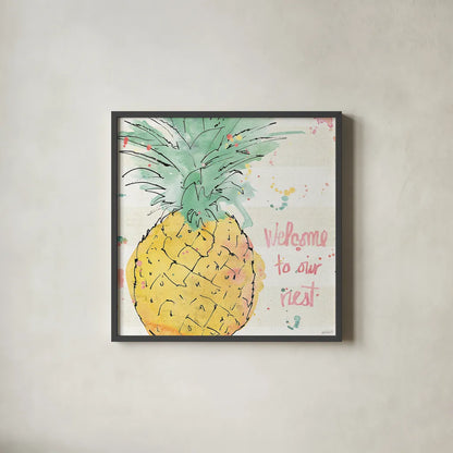 Flamingo Fever VI by Anne Tavoletti. Shown in a sleek black glass frame for a contemporary gallery look. Available as an archival giclee rolled canvas, fine art paper, or poster print. SKU 21111a.