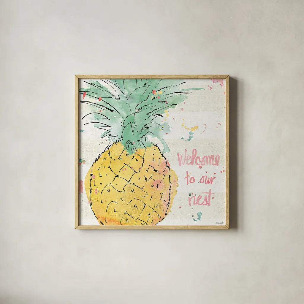 Flamingo Fever VI by Anne Tavoletti. Shown in a natural wood glass frame for a timeless modern aesthetic. Available as an archival giclee rolled canvas, fine art paper, or poster print. SKU 21111a.