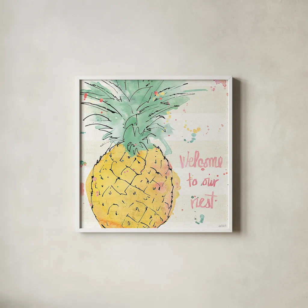 Flamingo Fever VI by Anne Tavoletti. Shown in a crisp white glass frame for a clean and minimalist style. Available as an archival giclee rolled canvas, fine art paper, or poster print. SKU 21111a.