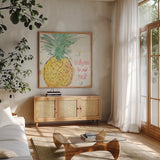 Flamingo Fever VI by Anne Tavoletti. Shown in a natural wood frame in a cozy modern living room. Available as an archival giclee rolled canvas, fine art paper, or poster print. SKU 21111a.