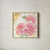 Flamingo Fever VII by Anne Tavoletti. Shown in a natural wood glass frame for a timeless modern aesthetic. Available as an archival giclee rolled canvas, fine art paper, or poster print. SKU 21112a.