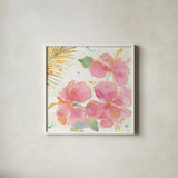 Flamingo Fever VII by Anne Tavoletti. Shown in a crisp white glass frame for a clean and minimalist style. Available as an archival giclee rolled canvas, fine art paper, or poster print. SKU 21112a.