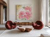 Flamingo Fever VII by Anne Tavoletti. Shown as extra-large giant wall art in a modern living room. Available as an archival giclee rolled canvas, fine art paper, or poster print. SKU 21112a.