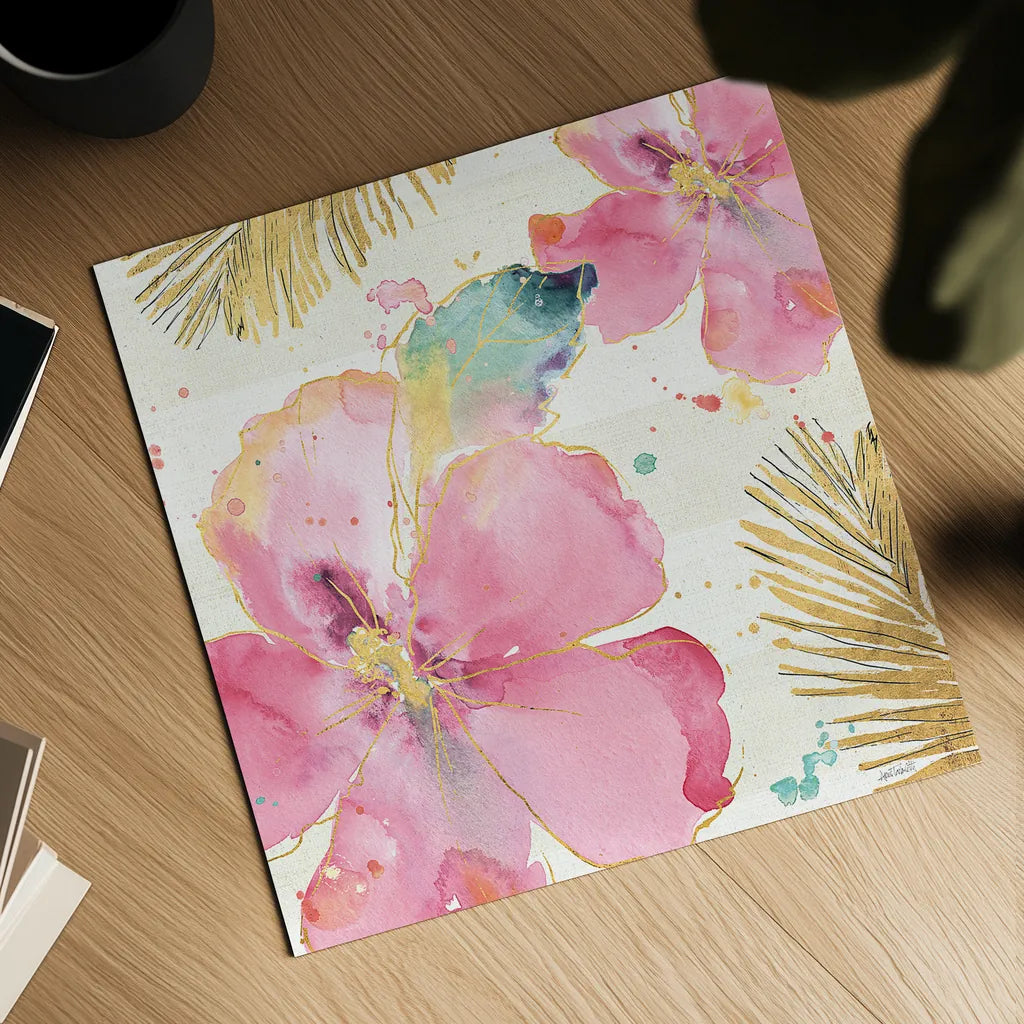 Flamingo Fever VIII by Anne Tavoletti. Shown as a detailed flat fine art print, highlighting archival giclee quality. Available as an archival giclee rolled canvas, fine art paper, or poster print. SKU 21113a.