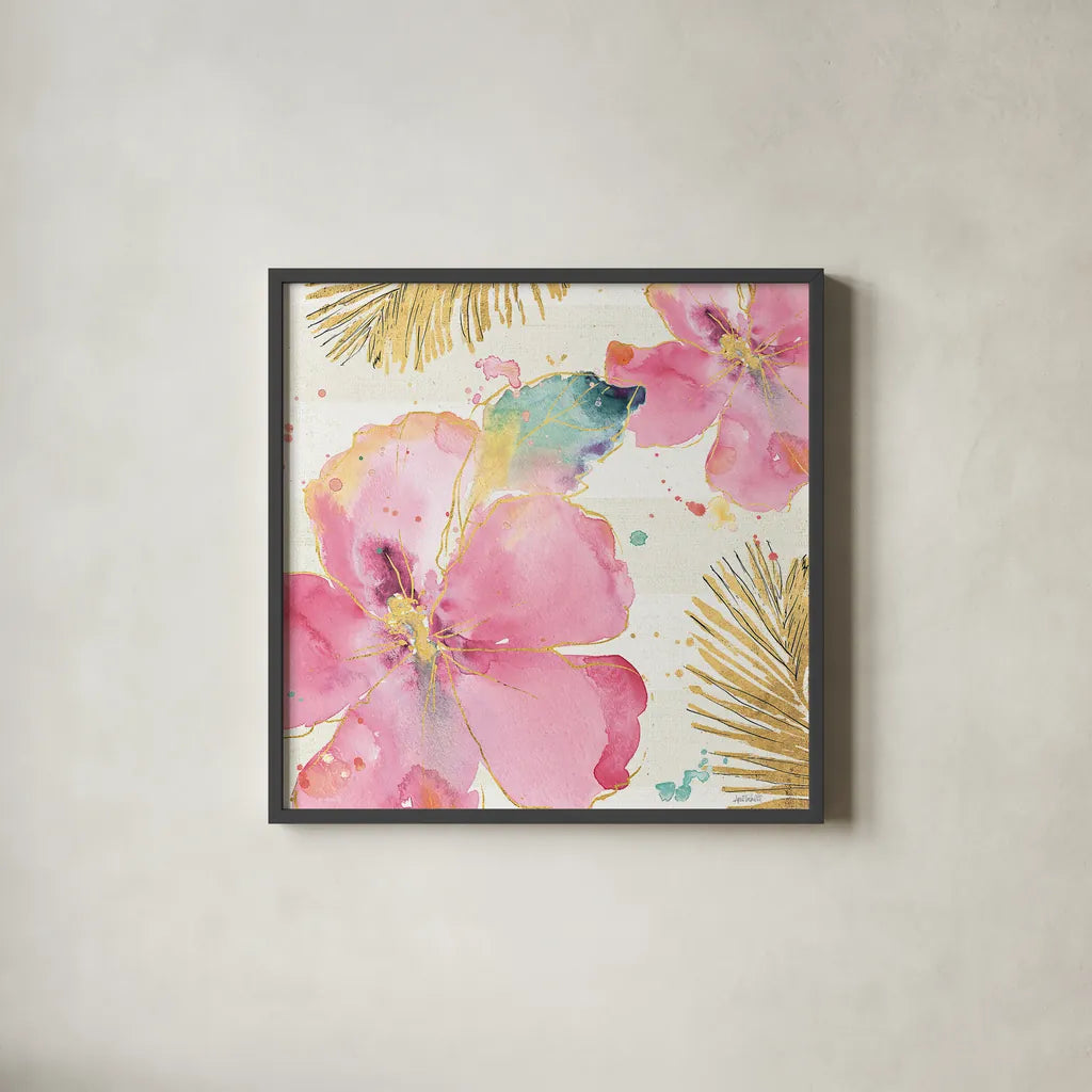 Flamingo Fever VIII by Anne Tavoletti. Shown in a sleek black glass frame for a contemporary gallery look. Available as an archival giclee rolled canvas, fine art paper, or poster print. SKU 21113a.