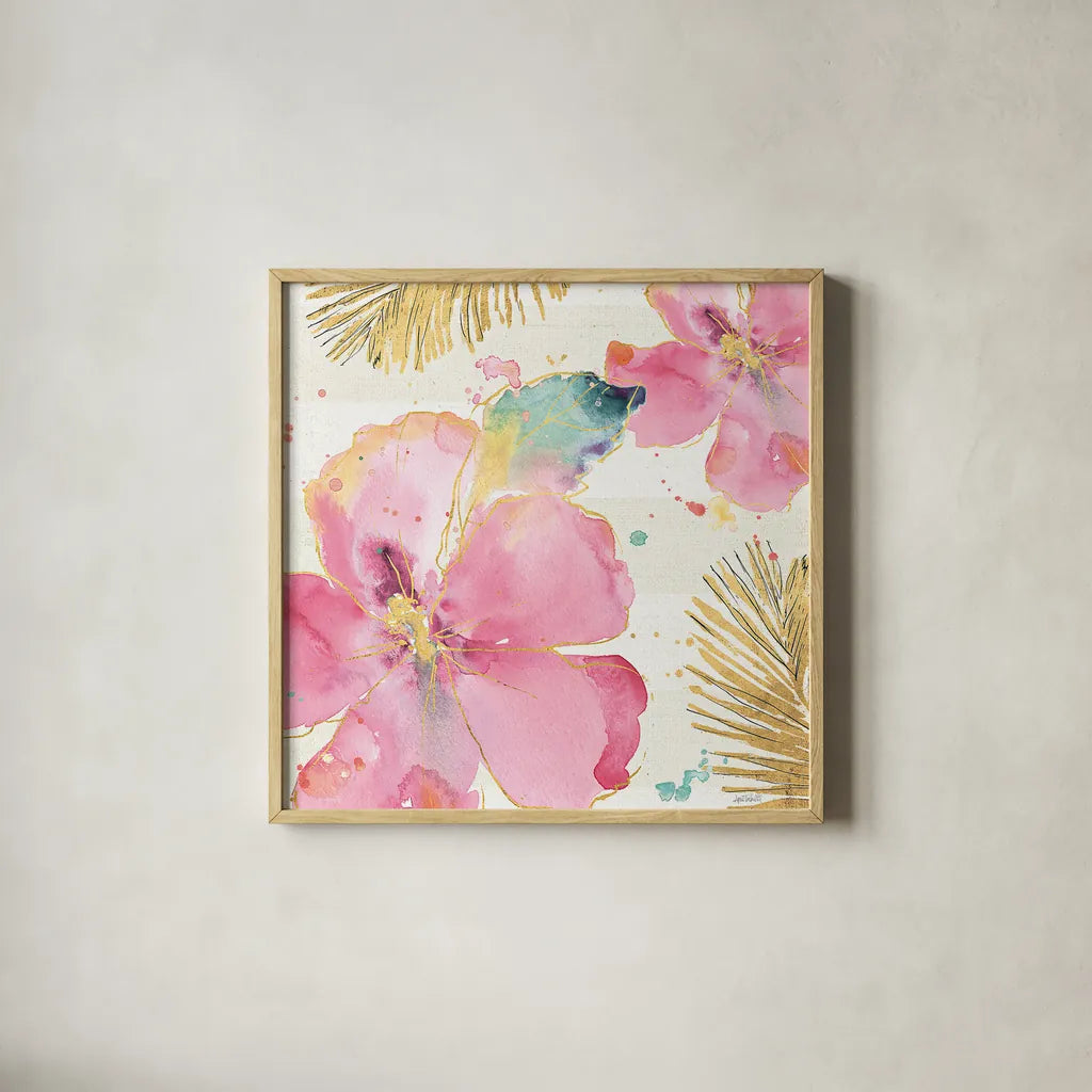 Flamingo Fever VIII by Anne Tavoletti. Shown in a natural wood glass frame for a timeless modern aesthetic. Available as an archival giclee rolled canvas, fine art paper, or poster print. SKU 21113a.
