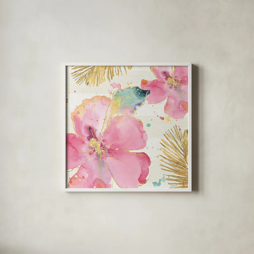 Flamingo Fever VIII by Anne Tavoletti. Shown in a crisp white glass frame for a clean and minimalist style. Available as an archival giclee rolled canvas, fine art paper, or poster print. SKU 21113a.