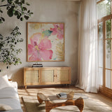 Flamingo Fever VIII by Anne Tavoletti. Shown in a natural wood frame in a cozy modern living room. Available as an archival giclee rolled canvas, fine art paper, or poster print. SKU 21113a.
