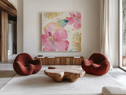Flamingo Fever VIII by Anne Tavoletti. Shown as extra-large giant wall art in a modern living room. Available as an archival giclee rolled canvas, fine art paper, or poster print. SKU 21113a.