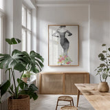 Floral Fashion I v2 by Anne Tavoletti. shown as a print in a natural wood frame in a dining room. Available as a archival giclee rolled canvas, fine art paper, or poster print. SKU 35863h.