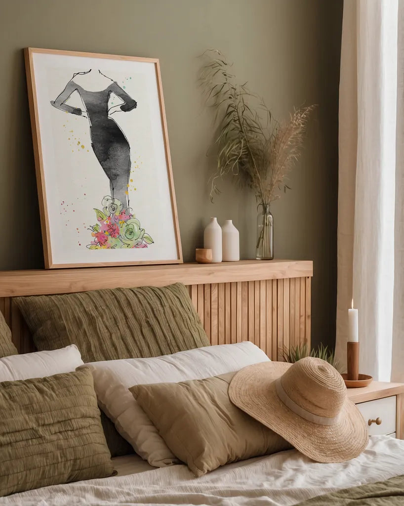 Floral Fashion I v2 by Anne Tavoletti. shown as a paper print in a natural frame. Available as a archival giclee rolled canvas, fine art paper, or poster print. SKU 35863h.