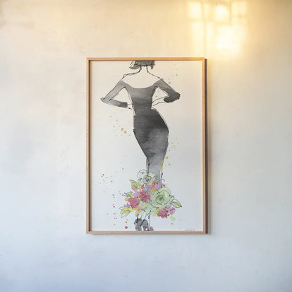 Floral Fashion I v2 by Anne Tavoletti. shown as a paper print in a natural frame. Available as a archival giclee rolled canvas, fine art paper, or poster print. SKU 35863h.