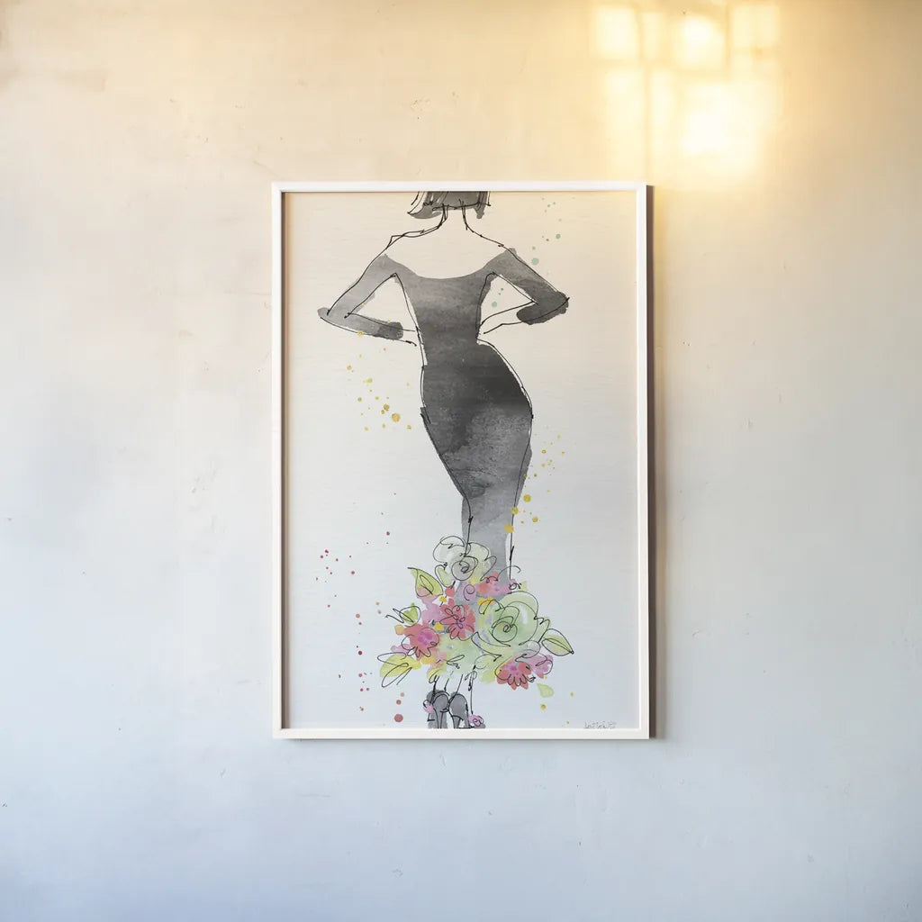 Floral Fashion I v2 by Anne Tavoletti. shown as a paper print in a white frame. Available as a archival giclee rolled canvas, fine art paper, or poster print. SKU 35863h.