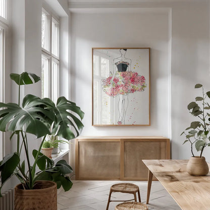 Floral Fashion II v2 by Anne Tavoletti. shown as a print in a natural wood frame in a dining room. Available as a archival giclee rolled canvas, fine art paper, or poster print. SKU 35864h.