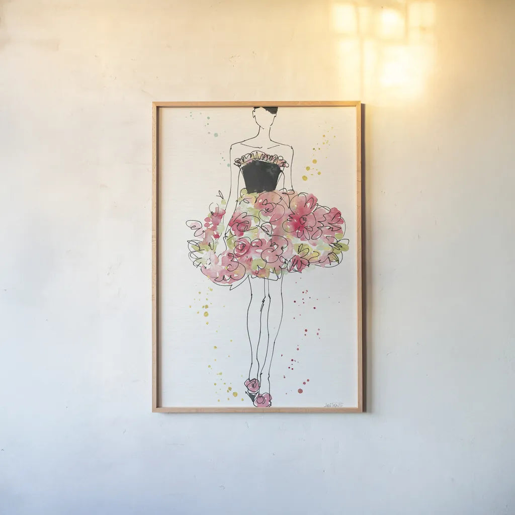 Floral Fashion II v2 by Anne Tavoletti. shown as a paper print in a natural frame. Available as a archival giclee rolled canvas, fine art paper, or poster print. SKU 35864h.
