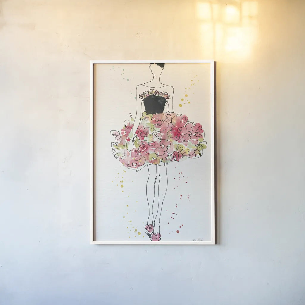 Floral Fashion II v2 by Anne Tavoletti. shown as a paper print in a white frame. Available as a archival giclee rolled canvas, fine art paper, or poster print. SKU 35864h.