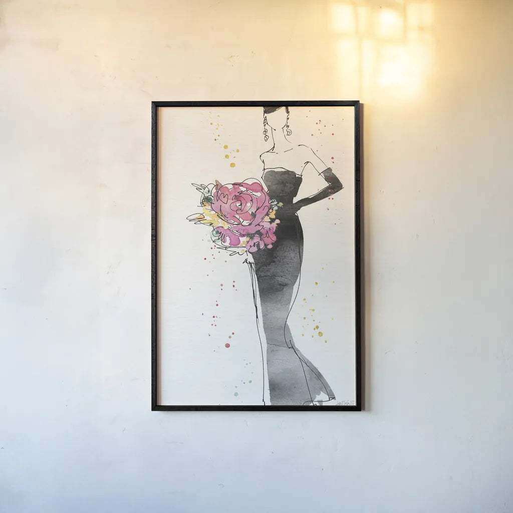 Floral Fashion III v2 by Anne Tavoletti. shown as a paper print in a black flame. Available as a archival giclee rolled canvas, fine art paper, or poster print. SKU 35865h.