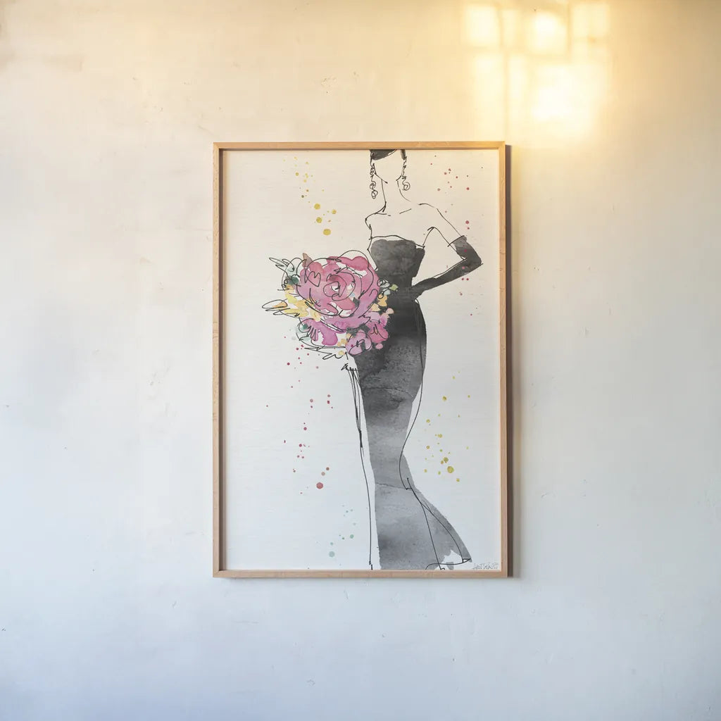 Floral Fashion III v2 by Anne Tavoletti. shown as a paper print in a natural frame. Available as a archival giclee rolled canvas, fine art paper, or poster print. SKU 35865h.