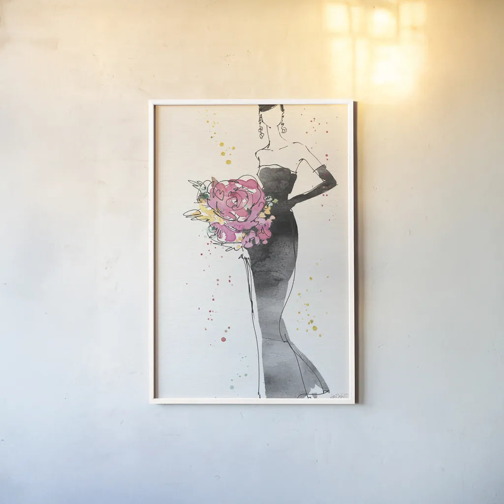 Floral Fashion III v2 by Anne Tavoletti. shown as a paper print in a white frame. Available as a archival giclee rolled canvas, fine art paper, or poster print. SKU 35865h.