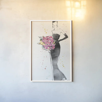 Floral Fashion III v2 by Anne Tavoletti. shown as a paper print in a white frame. Available as a archival giclee rolled canvas, fine art paper, or poster print. SKU 35865h.