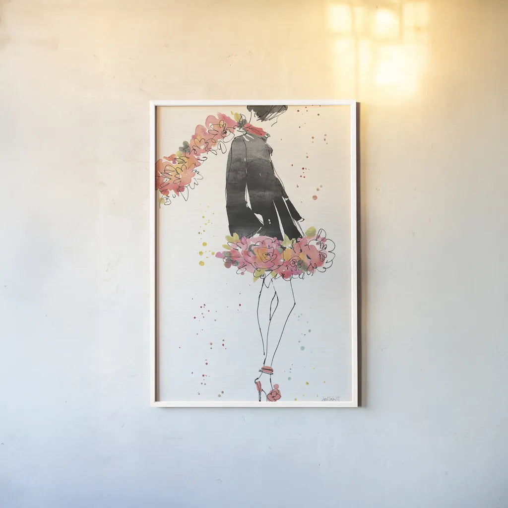 Floral Fashion IV v2 by Anne Tavoletti. shown as a paper print in a white frame. Available as a archival giclee rolled canvas, fine art paper, or poster print. SKU 35866h.