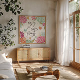 Floral Fashion V by Anne Tavoletti. Shown in a natural wood frame in a cozy modern living room. Available as an archival giclee rolled canvas, fine art paper, or poster print. SKU 29912a.