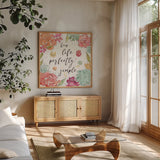 Floral Fashion VI by Anne Tavoletti. Shown in a natural wood frame in a cozy modern living room. Available as an archival giclee rolled canvas, fine art paper, or poster print. SKU 29913a.