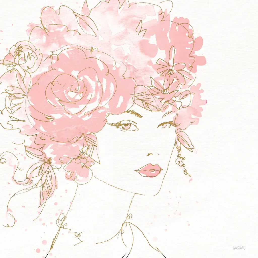 Floral Figures I Pink Gold Sq by Anne Tavoletti. SKU 68993a. Archival Giclee Fine art print for wall decor.