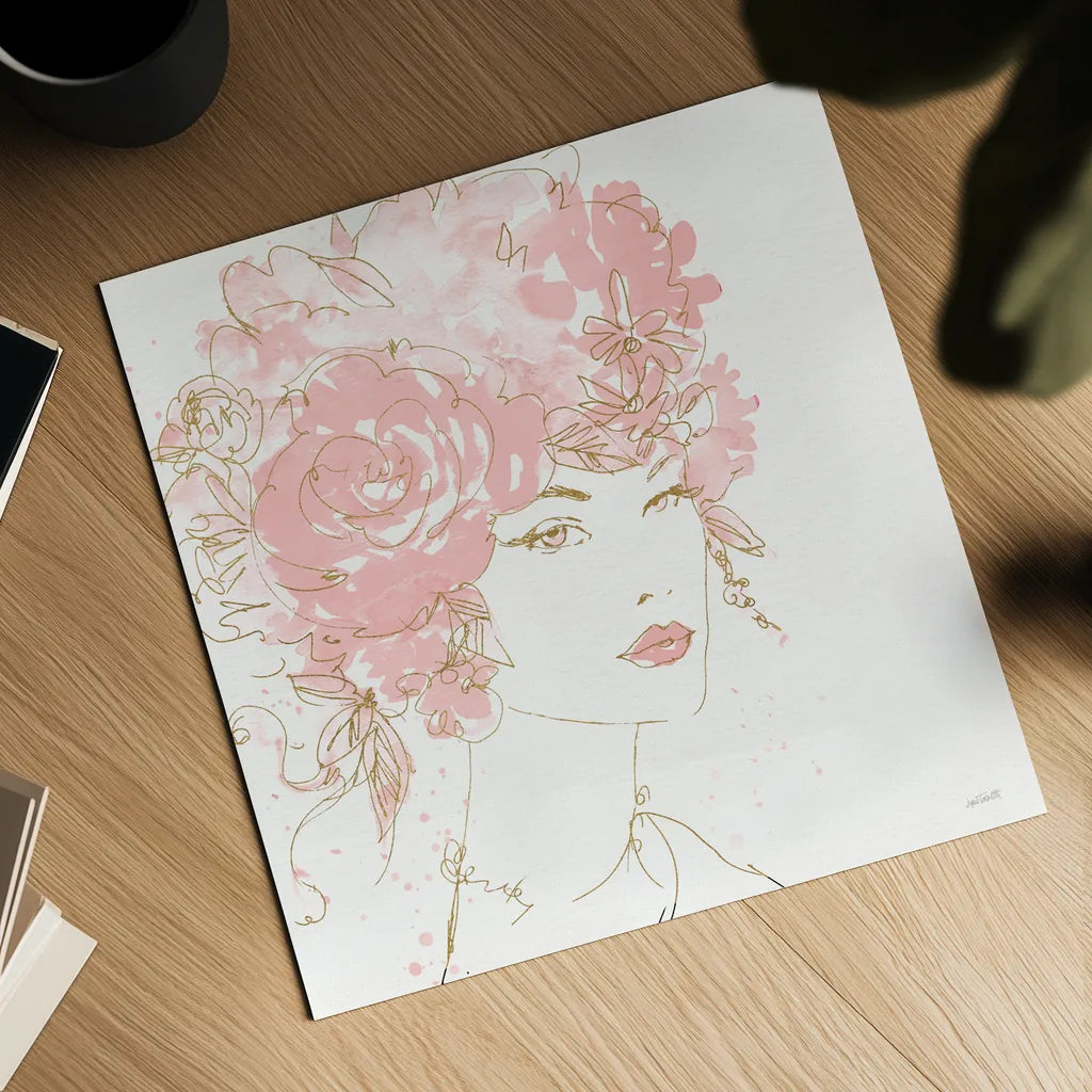 Floral Figures I Pink Gold Sq by Anne Tavoletti. Shown as a detailed flat fine art print, highlighting archival giclee quality. Available as an archival giclee rolled canvas, fine art paper, or poster print. SKU 68993a.