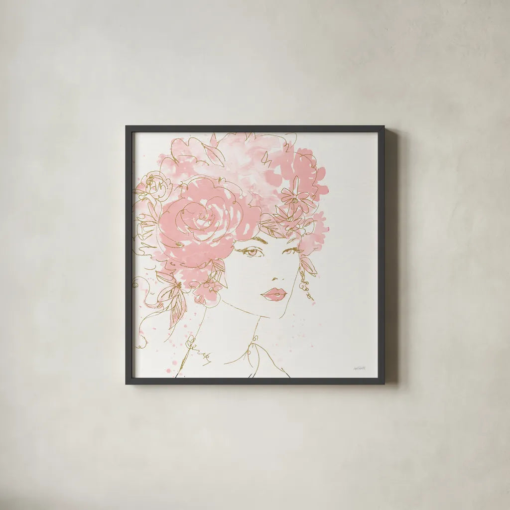 Floral Figures I Pink Gold Sq by Anne Tavoletti. Shown in a sleek black glass frame for a contemporary gallery look. Available as an archival giclee rolled canvas, fine art paper, or poster print. SKU 68993a.