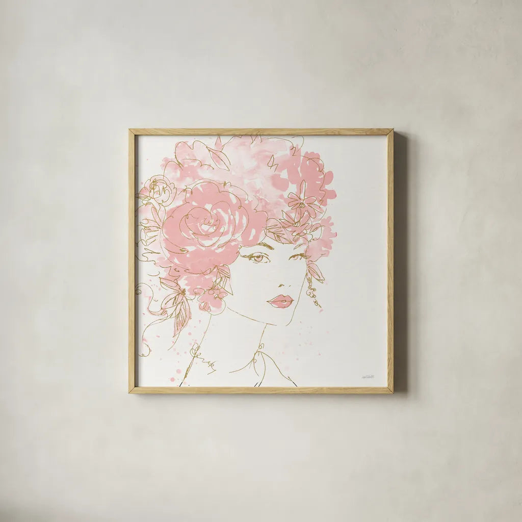 Floral Figures I Pink Gold Sq by Anne Tavoletti. Shown in a natural wood glass frame for a timeless modern aesthetic. Available as an archival giclee rolled canvas, fine art paper, or poster print. SKU 68993a.
