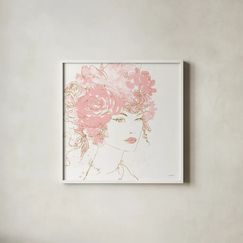 Floral Figures I Pink Gold Sq by Anne Tavoletti. Shown in a crisp white glass frame for a clean and minimalist style. Available as an archival giclee rolled canvas, fine art paper, or poster print. SKU 68993a.