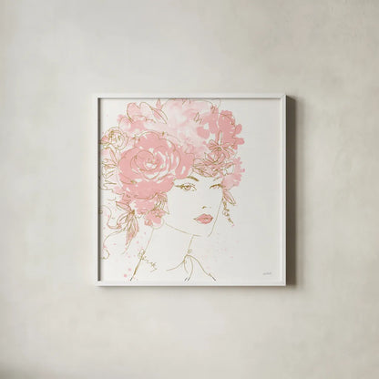 Floral Figures I Pink Gold Sq by Anne Tavoletti. Shown in a crisp white glass frame for a clean and minimalist style. Available as an archival giclee rolled canvas, fine art paper, or poster print. SKU 68993a.
