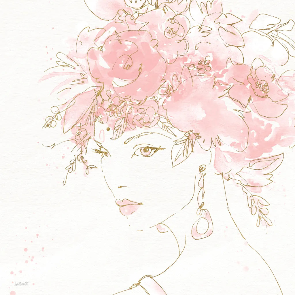 Floral Figures II Pink Gold Sq by Anne Tavoletti. SKU 68994a. Archival Giclee Fine art print for wall decor.