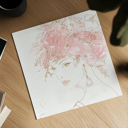 Floral Figures II Pink Gold Sq by Anne Tavoletti. Shown as a detailed flat fine art print, highlighting archival giclee quality. Available as an archival giclee rolled canvas, fine art paper, or poster print. SKU 68994a.