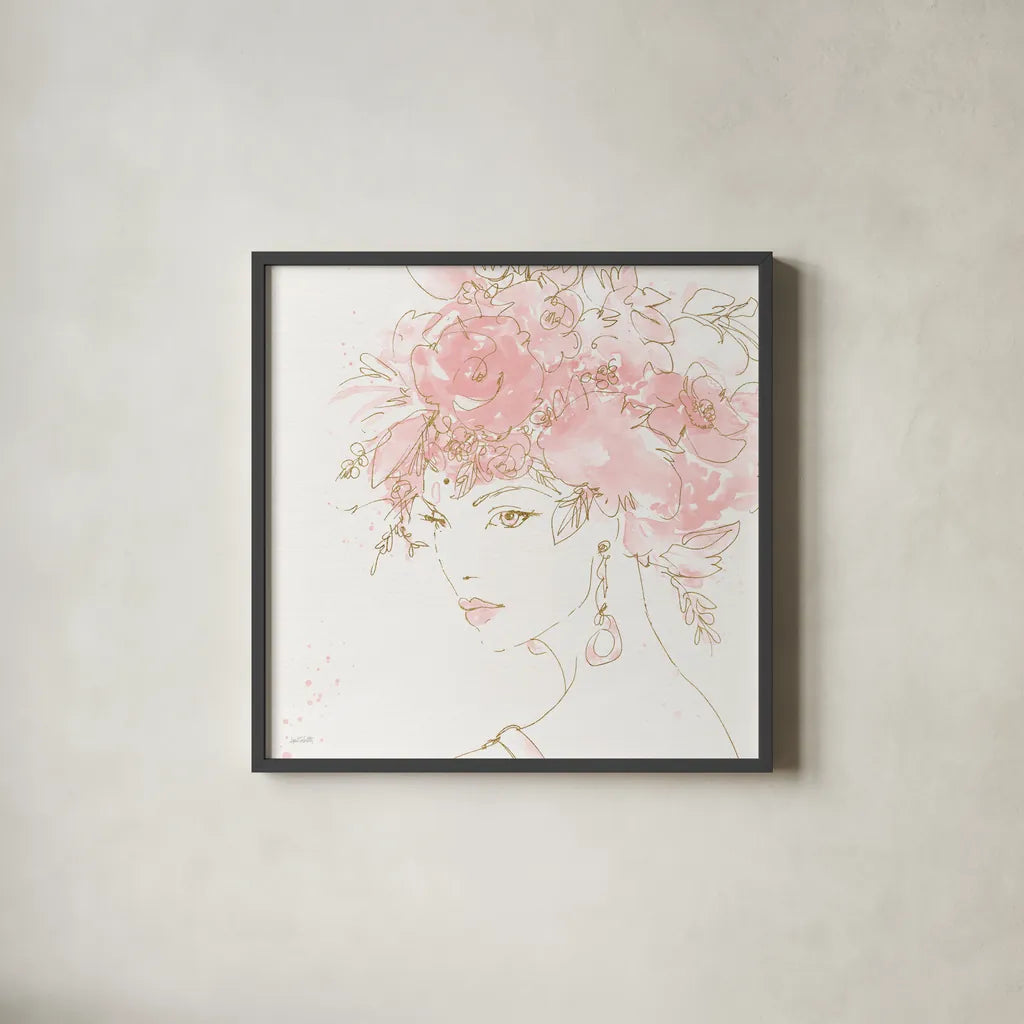 Floral Figures II Pink Gold Sq by Anne Tavoletti. Shown in a sleek black glass frame for a contemporary gallery look. Available as an archival giclee rolled canvas, fine art paper, or poster print. SKU 68994a.