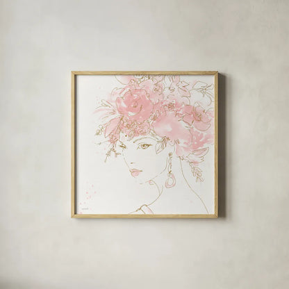 Floral Figures II Pink Gold Sq by Anne Tavoletti. Shown in a natural wood glass frame for a timeless modern aesthetic. Available as an archival giclee rolled canvas, fine art paper, or poster print. SKU 68994a.