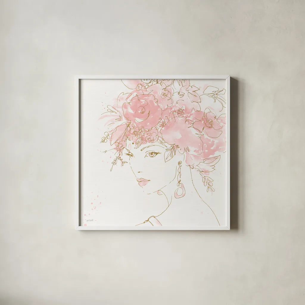 Floral Figures II Pink Gold Sq by Anne Tavoletti. Shown in a crisp white glass frame for a clean and minimalist style. Available as an archival giclee rolled canvas, fine art paper, or poster print. SKU 68994a.