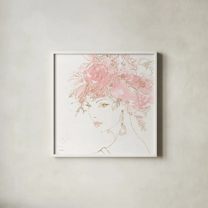 Floral Figures II Pink Gold Sq by Anne Tavoletti. Shown in a crisp white glass frame for a clean and minimalist style. Available as an archival giclee rolled canvas, fine art paper, or poster print. SKU 68994a.
