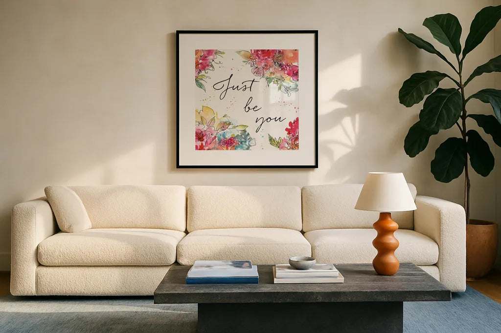 Floral Figures IX by Anne Tavoletti. Displayed in a glass frame with matte in a clean modern living room. Available as an archival giclee rolled canvas, fine art paper, or poster print. SKU 54635a.